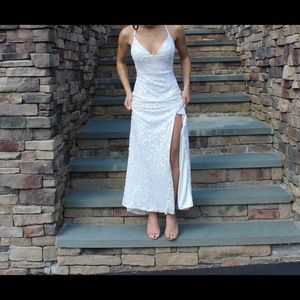 White sequence open back evening dress